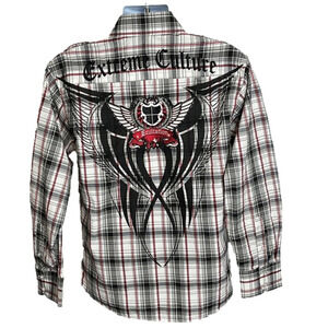 EXTREME Culture mens long sleeve shirt, size M, black/red/gray/white plain.